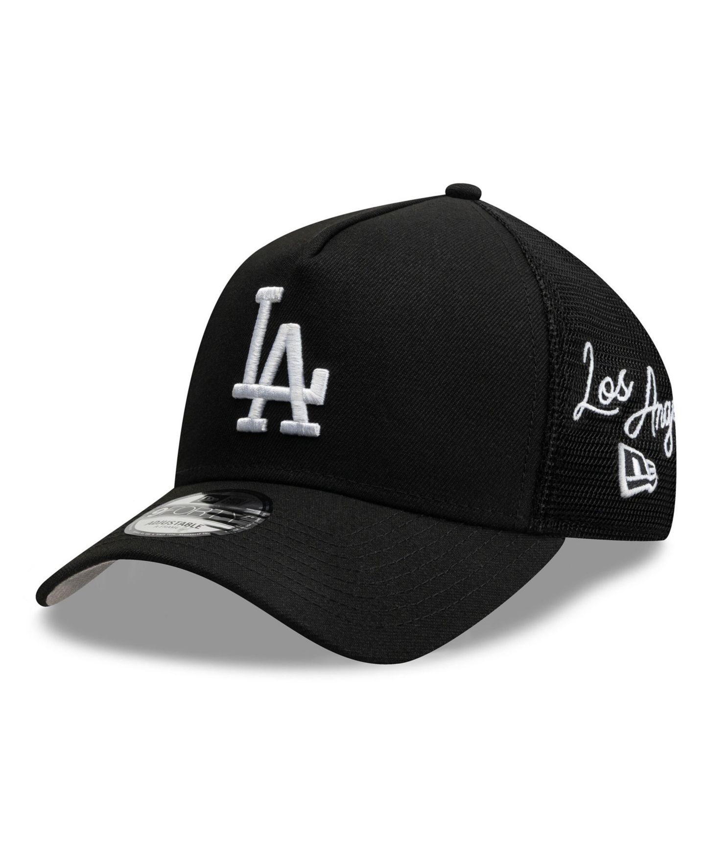 Мужская кепка New Era Black Los Angeles Dodgers Side Script 9FORTY A-Frame Trucker Adjustable Hat — фото 1
