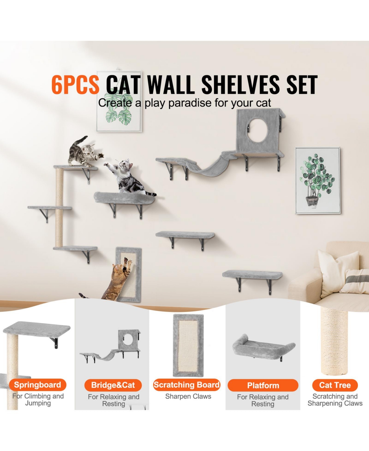 Vevor Wall Mounted Cat Shelves Tree with Jump Boards Hammock Sofa Grip Set of 6