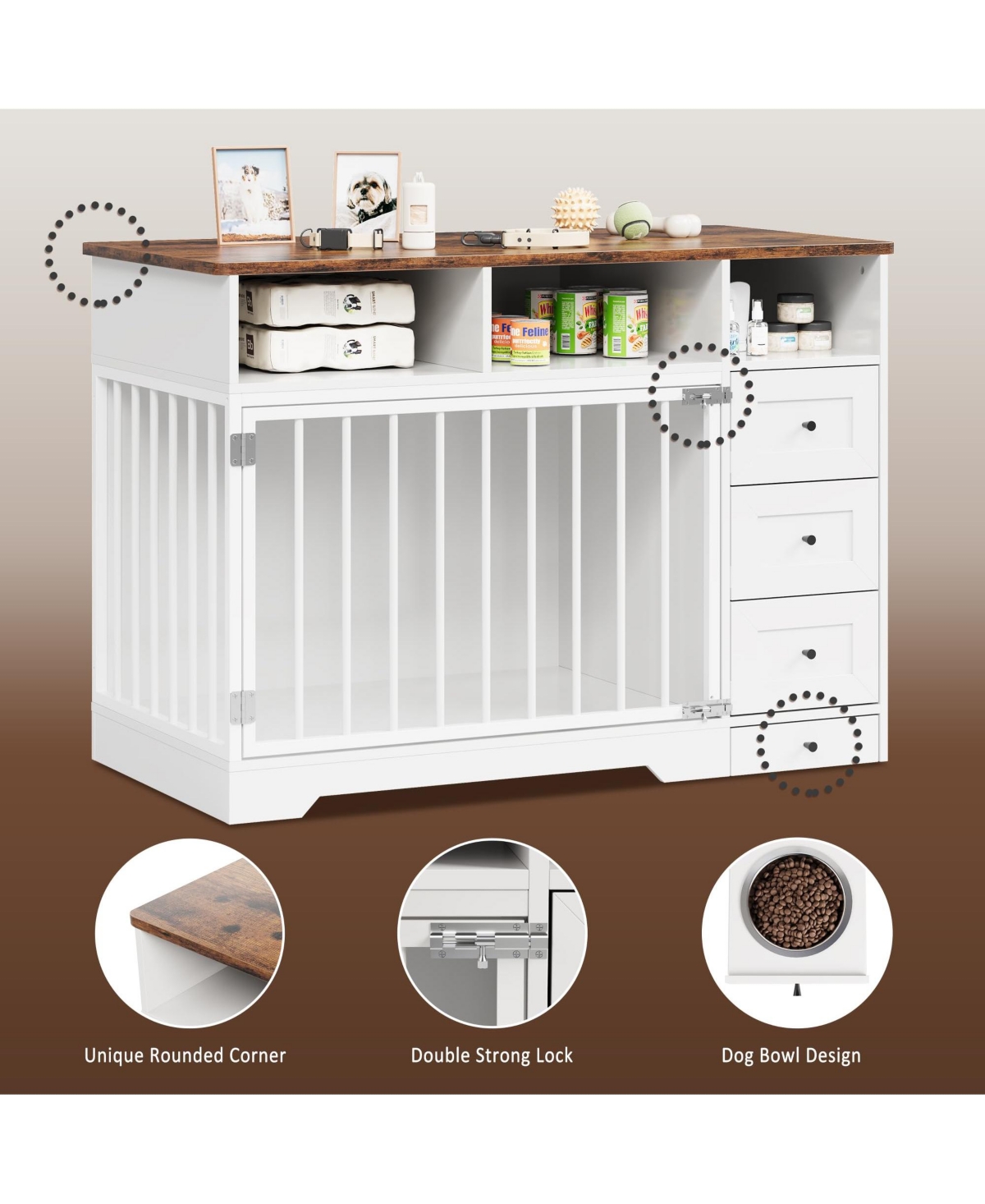 gaomon 48 Inch Dog Crate Furniture with Bowl and Drawers, Farmhouse Medium Small Dog Kennel, Storage Crate Table for Dogs for Living Room