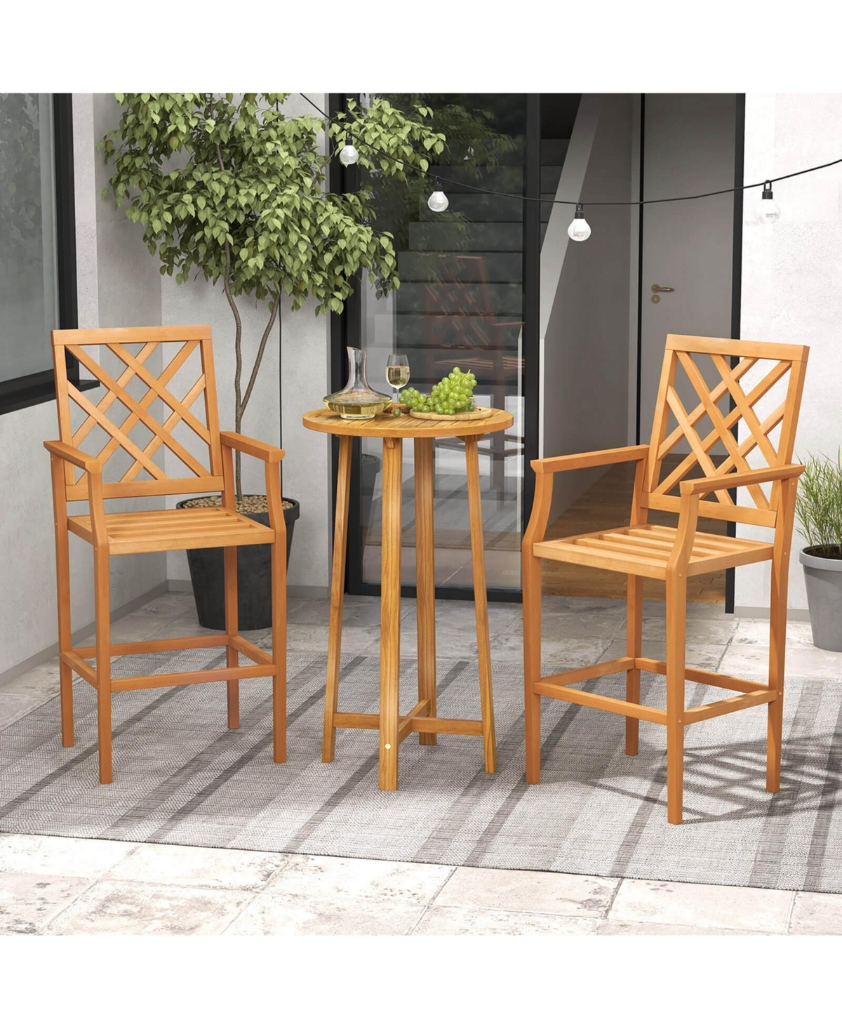 Costway Patio Teak Wood Bar Stool with Ergonomic Backrest Armrests and Footrest