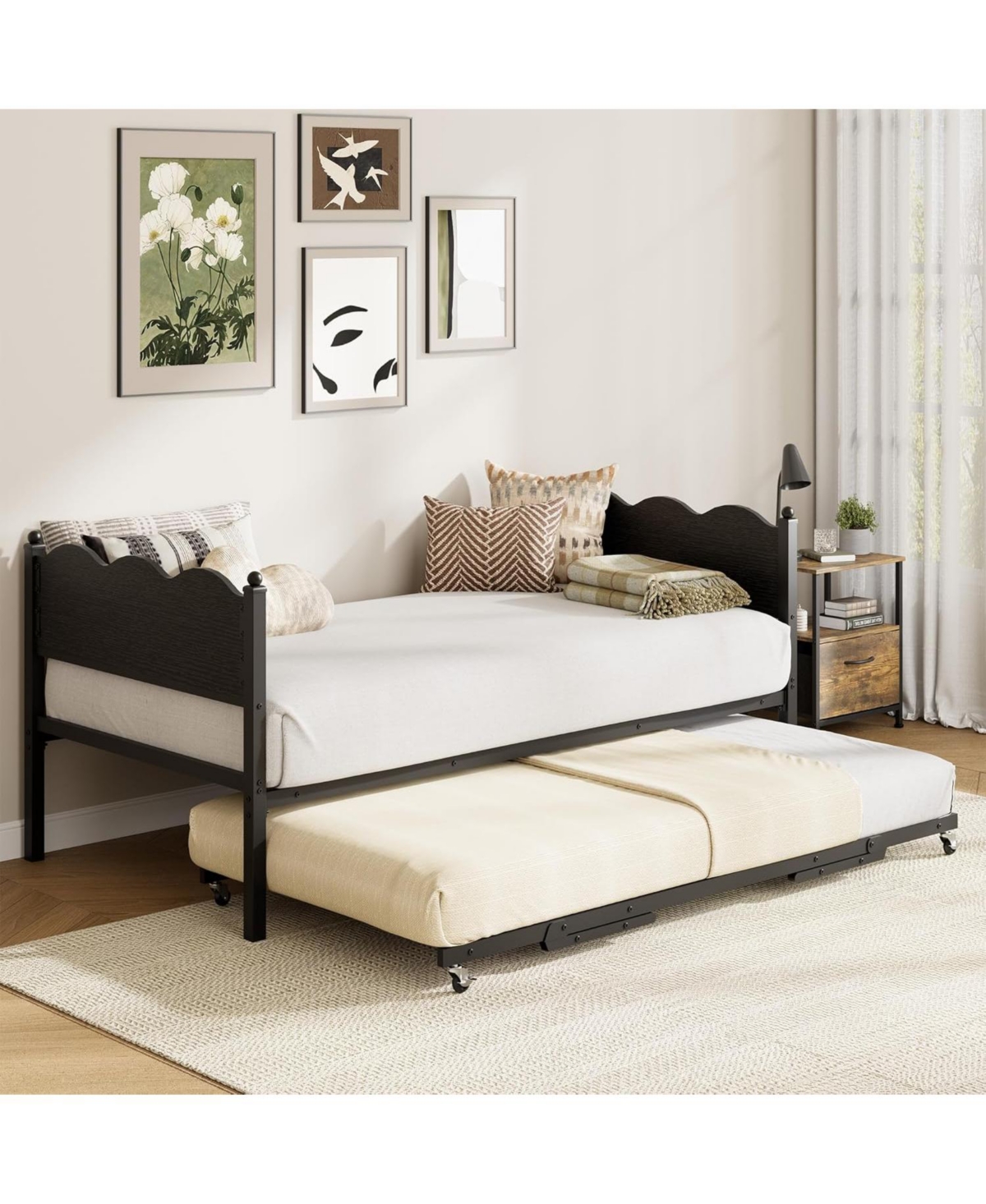 gaomon Daybed with Trundle, Twin Size Day Bed with Metal Slat Support and Lockable Casters, Wavy Headboard with Wood Grain, Space Saving Sofa Bed - Bl