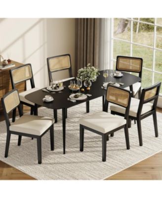 Rattan Dining Chairs Set of 6, French Country Upholstered Dining Chairs Wood Frame, Rattan Backrest