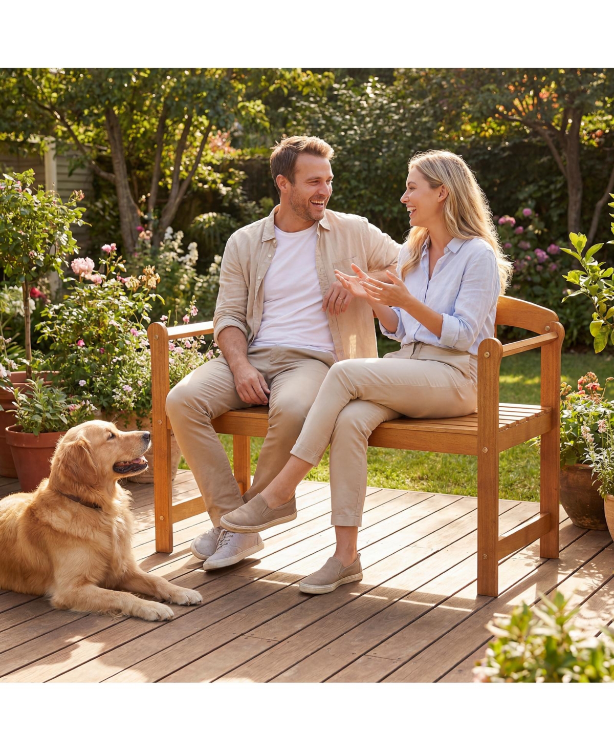 Gymax Outdoor Acacia Wood Garden Bench 2-Seater Loveseat with Backrest Angled Armrests