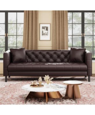 81 Leather Couch, Handmade Button Tufted 3 Seater Sofa, Chesterfield Sofa with Deep Seat and 2 Pillows, Leather Sofa for Living Room Apartment