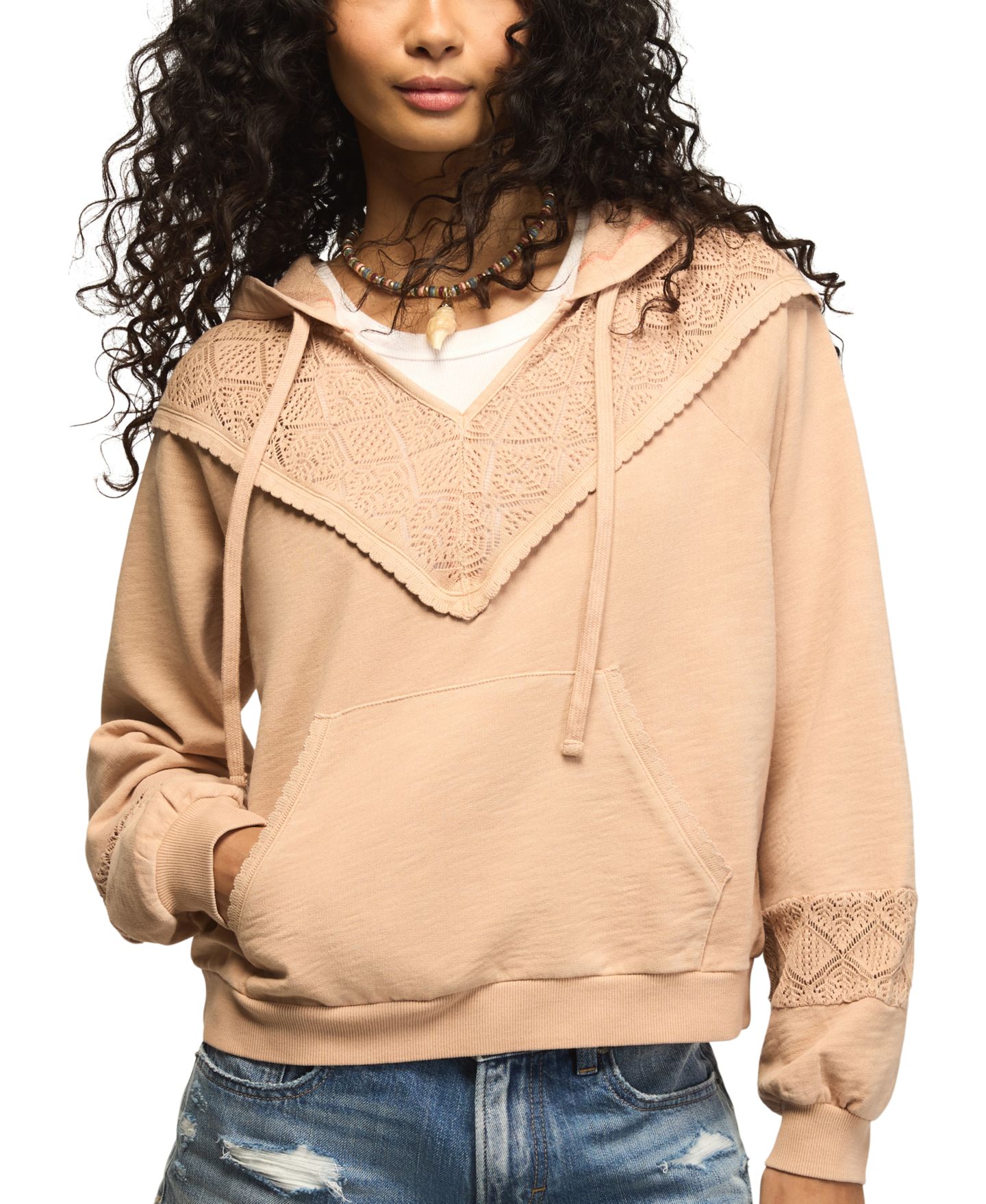 Женское худи Lucky Brand Crochet-Yoke V-Neck, цвет: Spanish Villa — фото 4