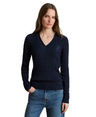 Women's Long-Sleeve V-Neck Cable Knit Sweater