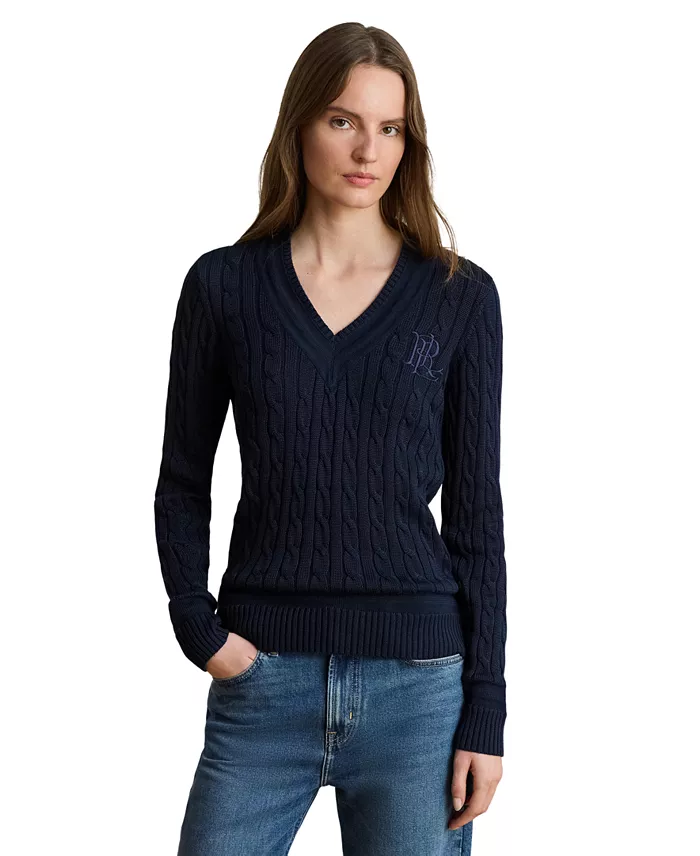 Women's Long-Sleeve V-Neck Cable Knit Sweater