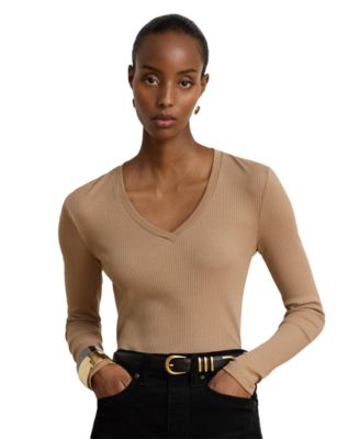 Women's Rib-Knit Long-Sleeve V-Neck Top