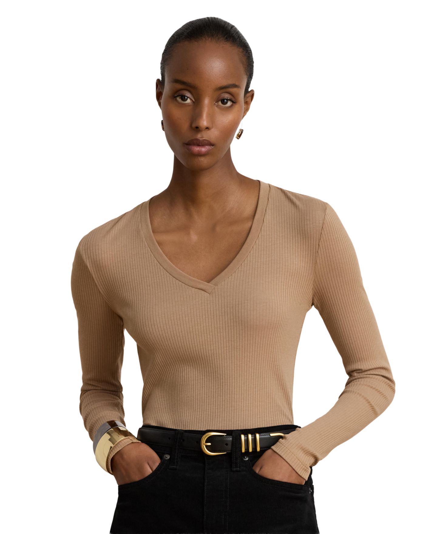 Женский топ Lauren Ralph Lauren Rib-Knit Long-Sleeve V-Neck Top, цвет: Верблюжий — фото 1