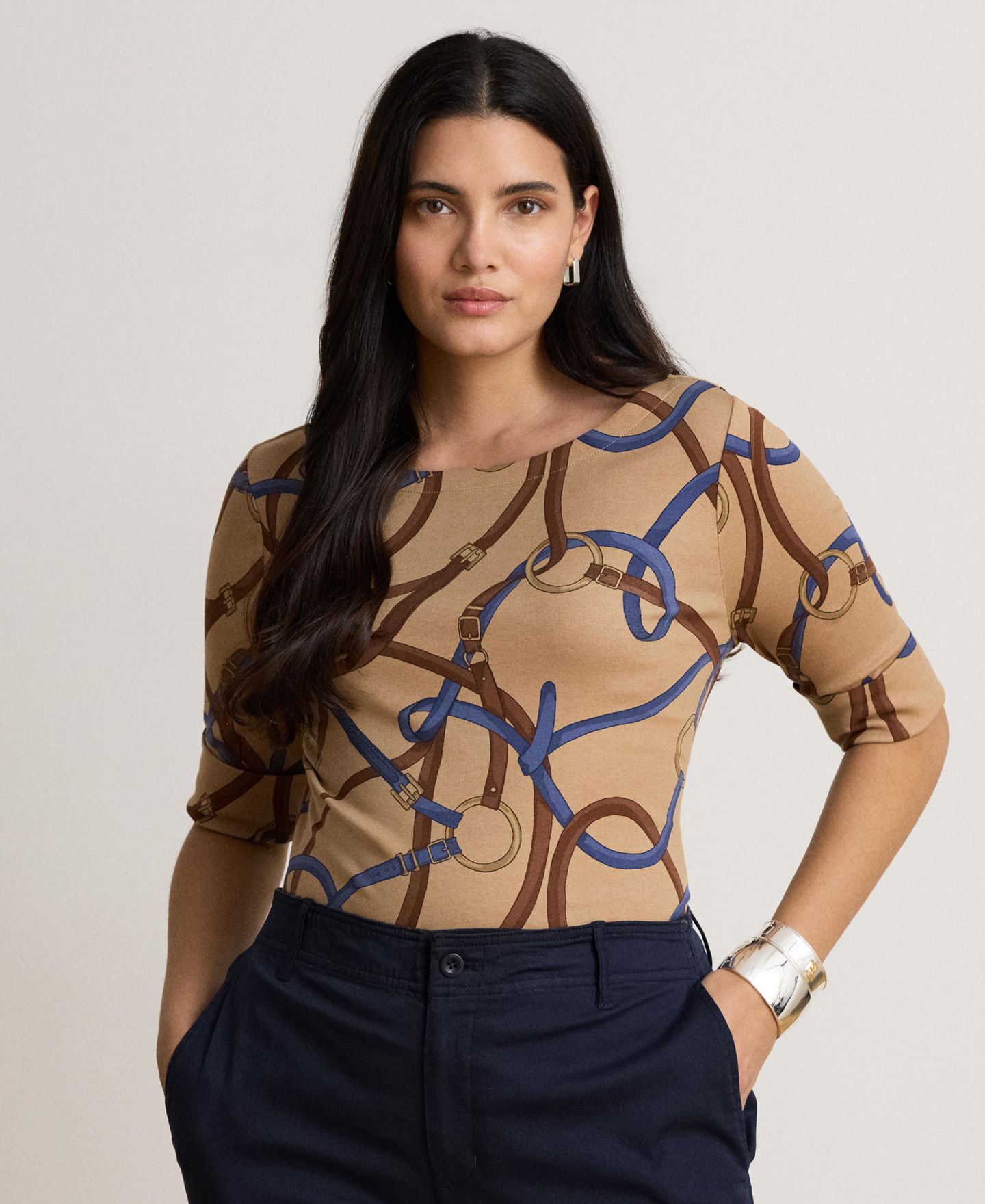 Женский топ Lauren Ralph Lauren Belting Print Boat Neck, цвет: Верблюжий разноцветный — фото 2