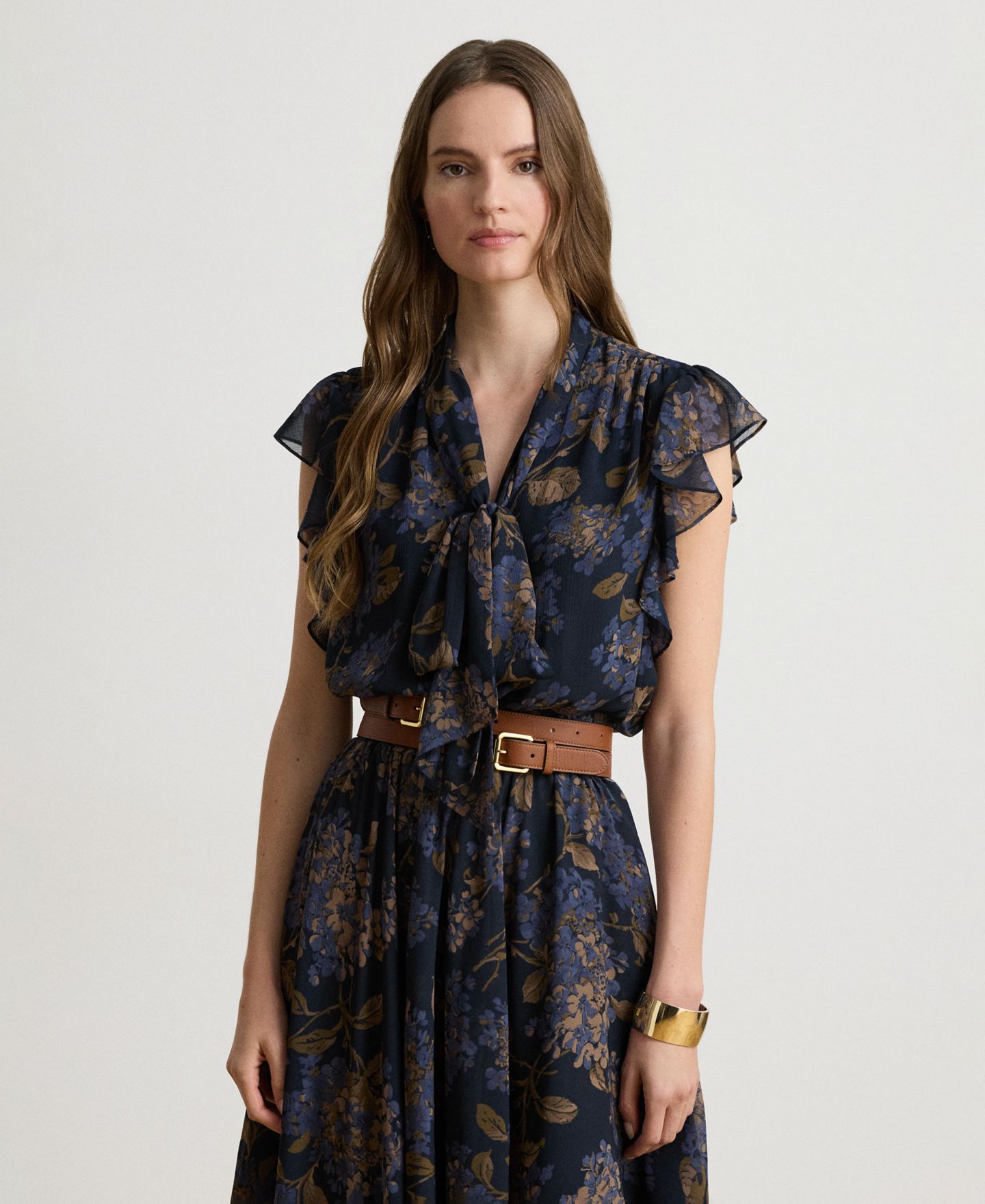 Женское платье Lauren Ralph Lauren Floral Crinkle Georgette Tie-Neck Midi, цвет: Тёмно-синий разноцветный — фото 3