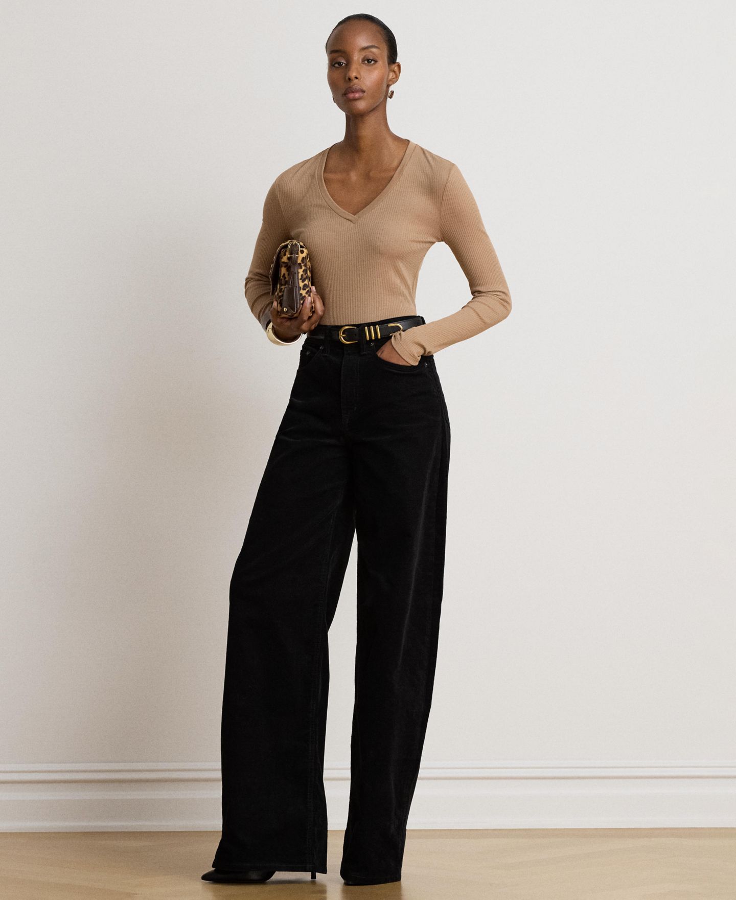 Женский топ Lauren Ralph Lauren Rib-Knit Long-Sleeve V-Neck Top, цвет: Верблюжий — фото 2