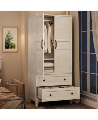 Modern Walnut Wooden Armoire Wardrobe Closet 72 Inch Tall Bedroom Storage Cabinet with 2 Drawers, Hanging Rod,Heavy Duty Furniture with Doors
