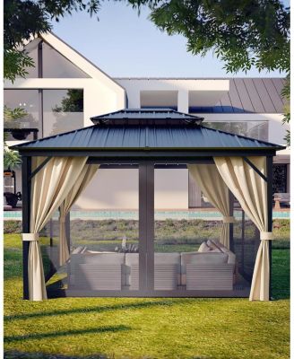Hardtop Gazebo 10 ft x14 ft for All Weather, with Double Metal Roof, Aluminum Alloy Frame, Net, and Curtain, Permanent Building for Patio, Deck