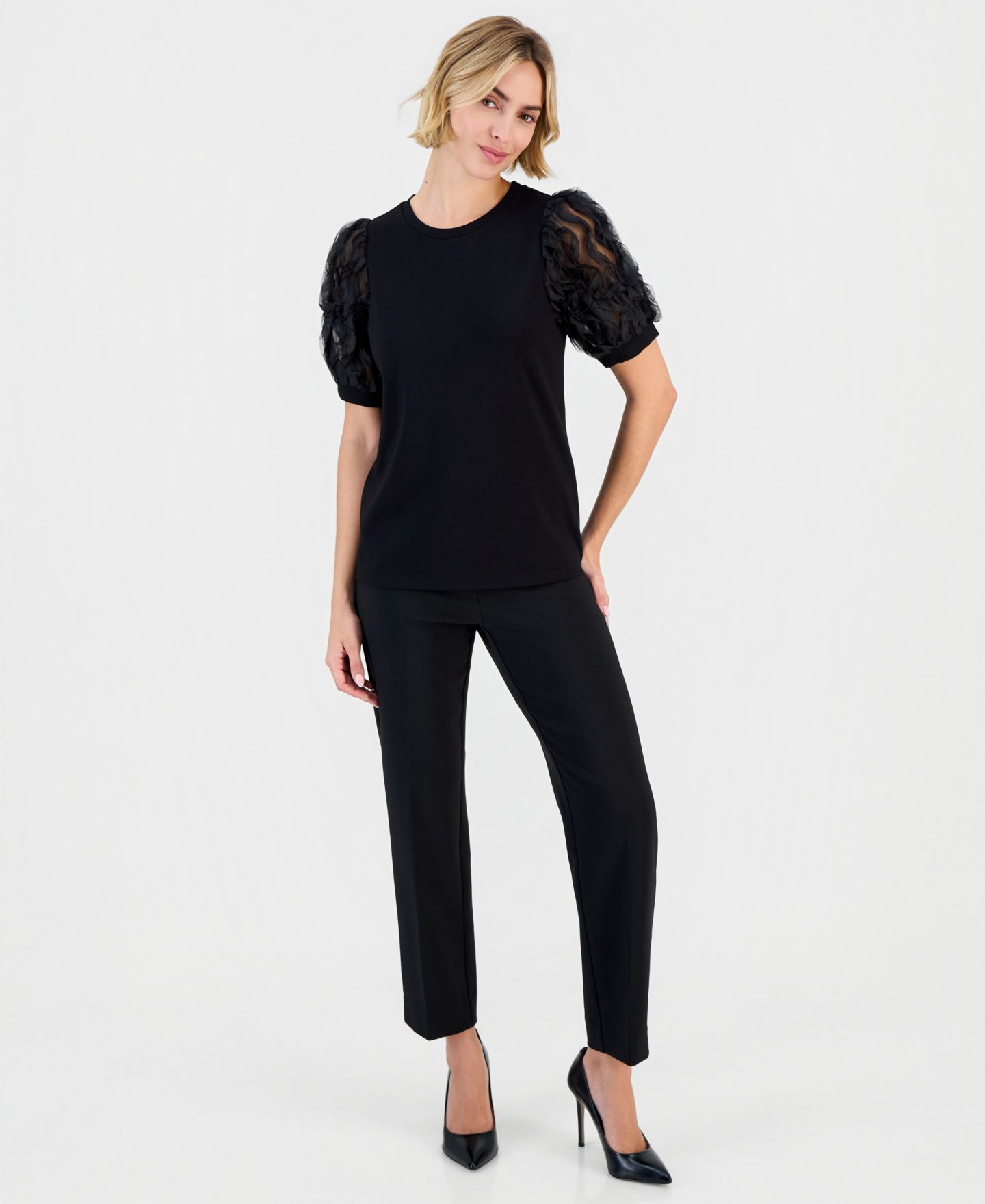 Женский топ Anne Klein Serenity Knit Puff Sleeve Crewneck, цвет: Чёрный — фото 3