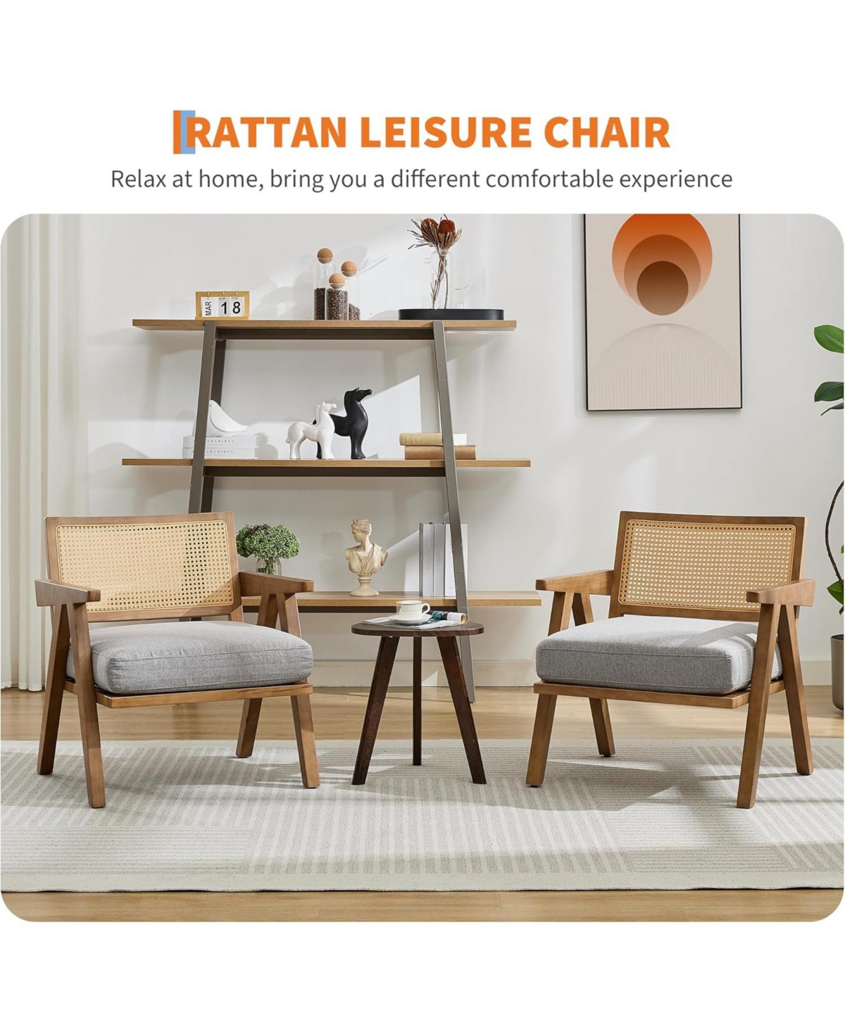 gaomon Mid Century Accent Chairs Set of 2, Rattan & Linen Cushion Armchairs