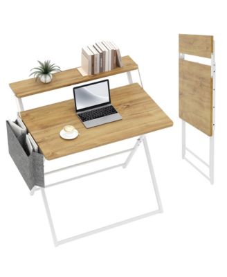 Portable Small Desk No Assembly, 2-Tier Compact Computer Desk with Shelf, Space Saving Foldable Table for Home Office, Bedroom or Apartment
