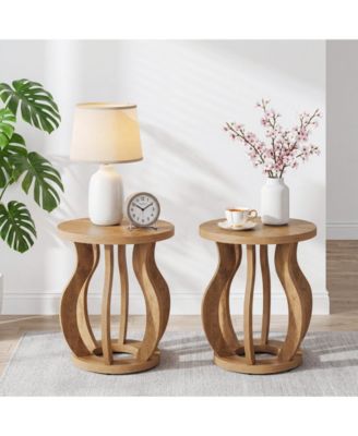 Round End Side Table Set of 2, Farmhouse Wooden Side Table for Living Room, Bedside Nightstand with Curved Frame, Accent Nightstand