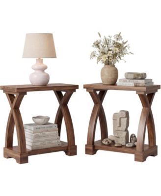 Solid Wood End Table Set of 2, Small Side Table with Storage Shelf, 2-Tier Narrow End Table for Living Room, Bedroom, Small Spaces