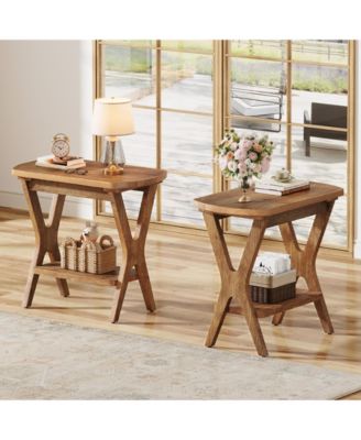 Solid Wood Side Table Set of 2, 2-Tier End Table with Storage, Farmhouse Nightstand for Small Spaces
