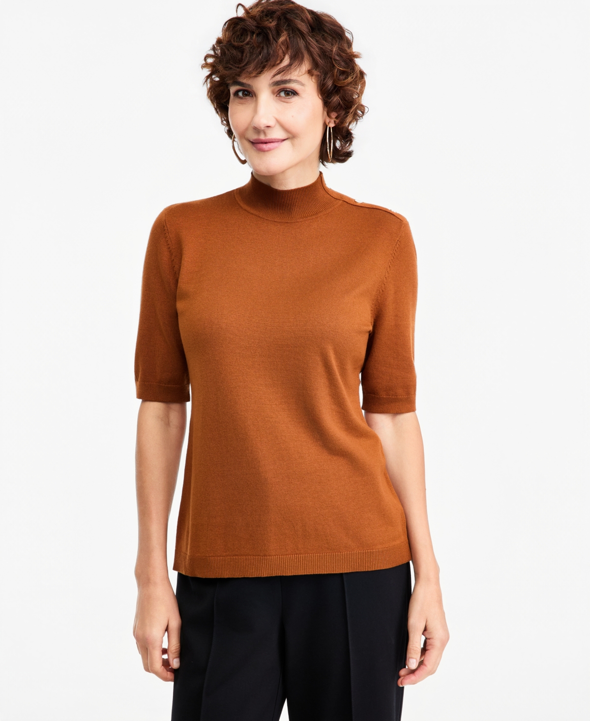 Jm Collection Women's Mock-neck Short-sleeve Sweater, Macy's Exclusive In Cinnamon Spice