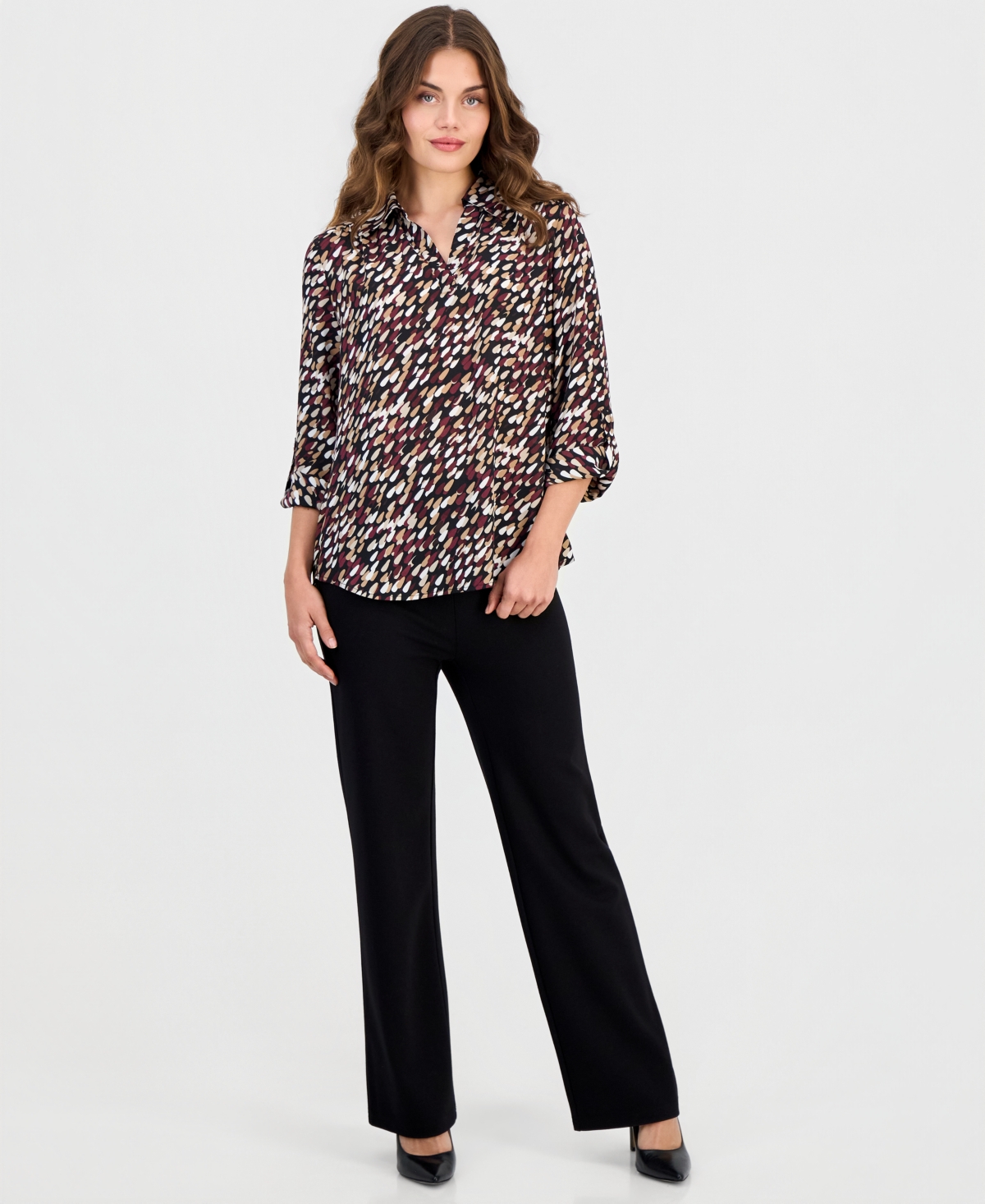 Anne Klein Essentials Petite V-Neck Collar 3/4-Length Roll-Tab Sleeves Blouse