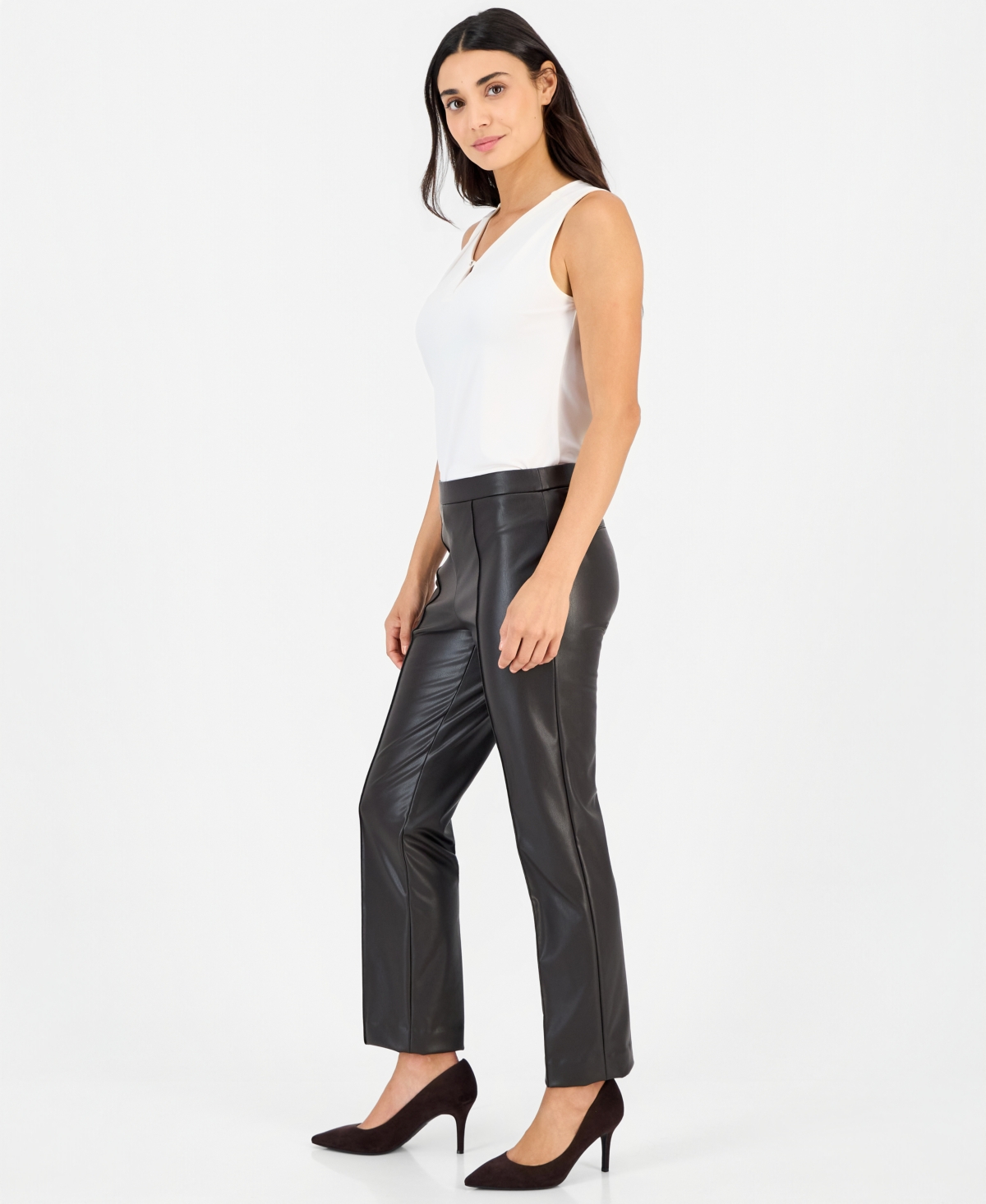 Anne Klein Essentials Petite Faux Leather Pull-On Pintuck Pants