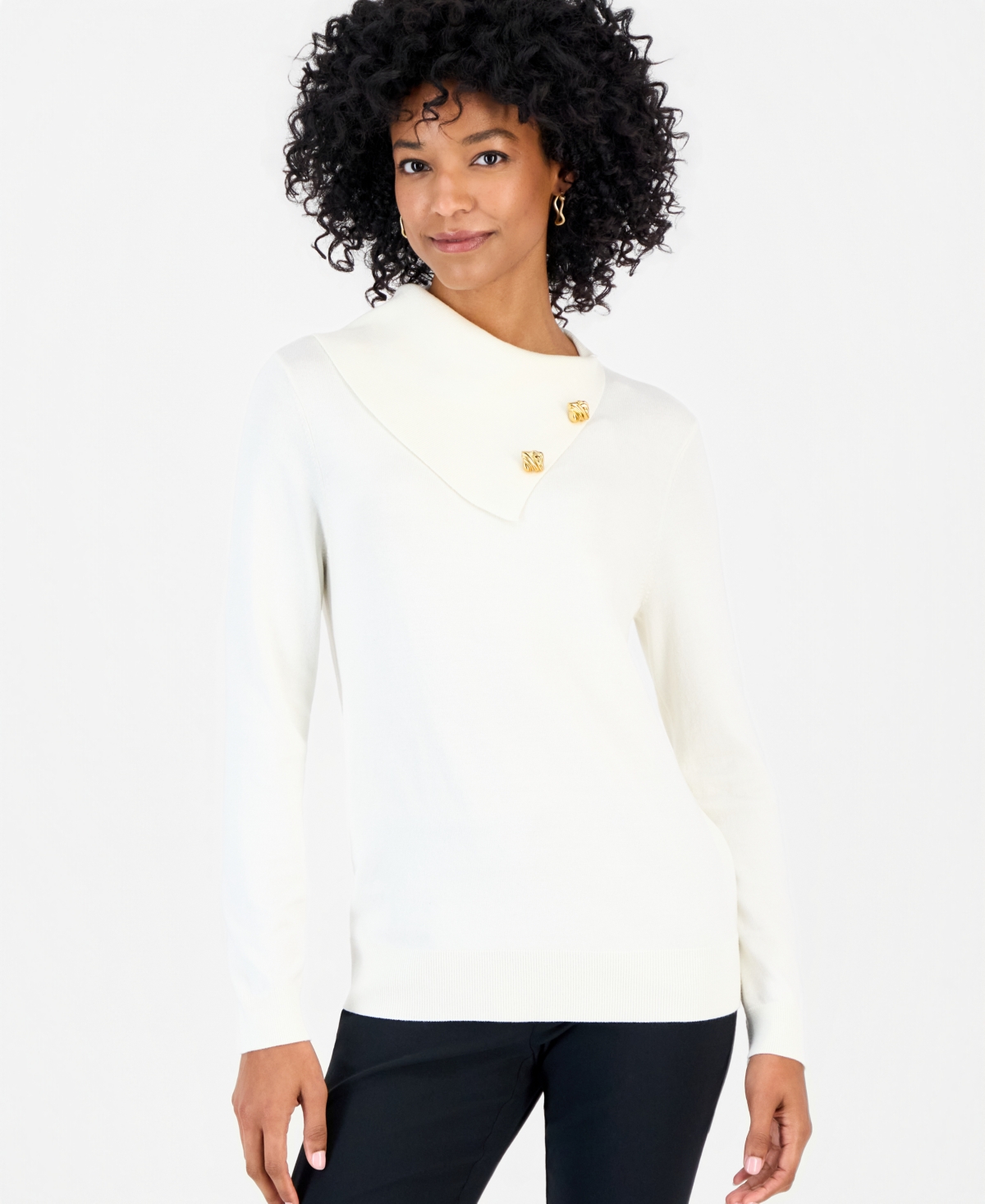 Jm Collection Petite Long-sleeve Envelope-neck Pullover Sweater, Macy's Exclusive In Bright Ivory