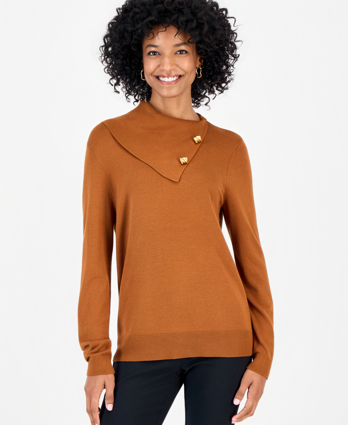 Jm Collection Petite Long-sleeve Envelope-neck Pullover Sweater, Macy's Exclusive In Cinnamon Spice