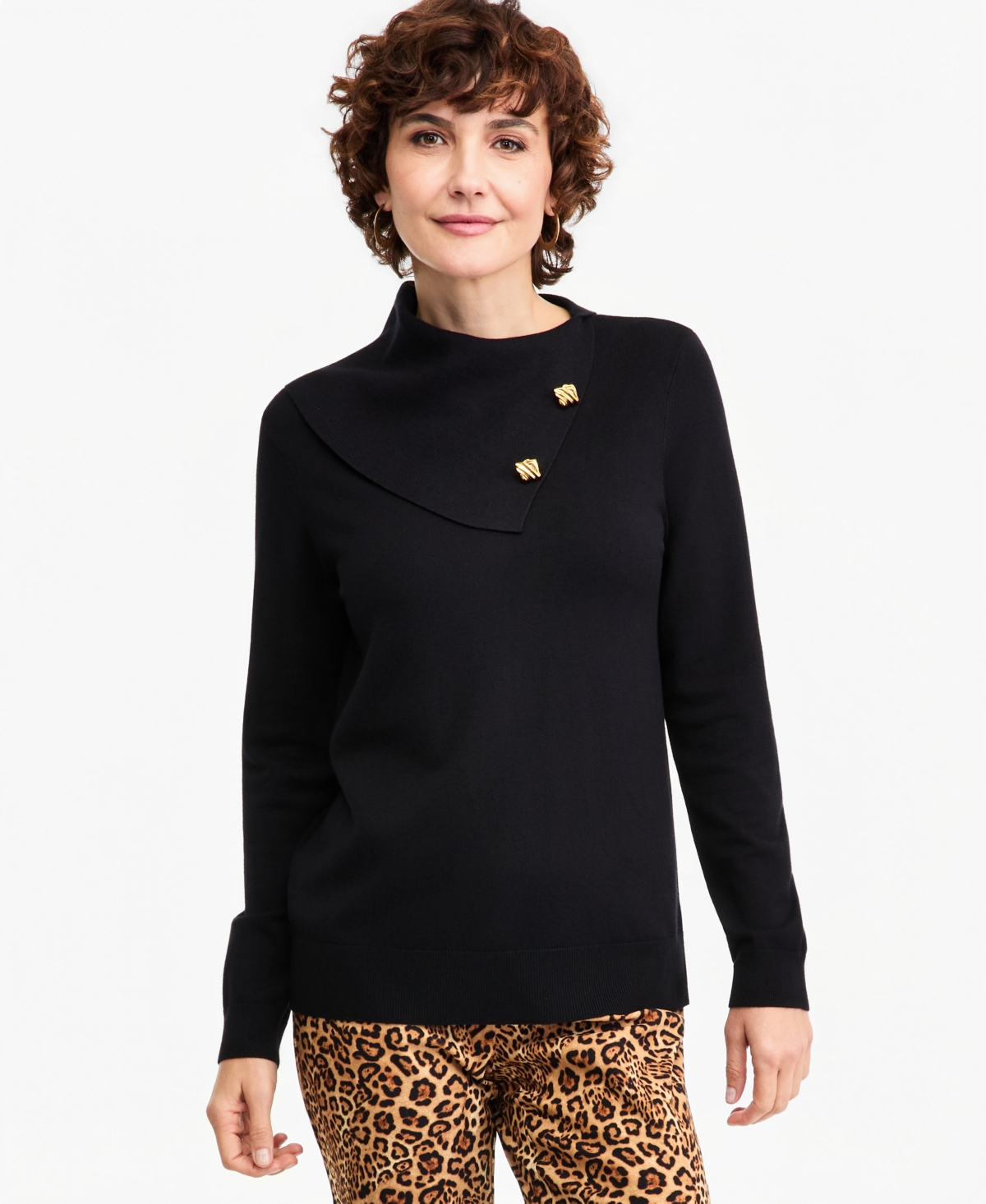 Jm Collection Petite Long-sleeve Envelope-neck Pullover Sweater, Macy's Exclusive In Deep Black
