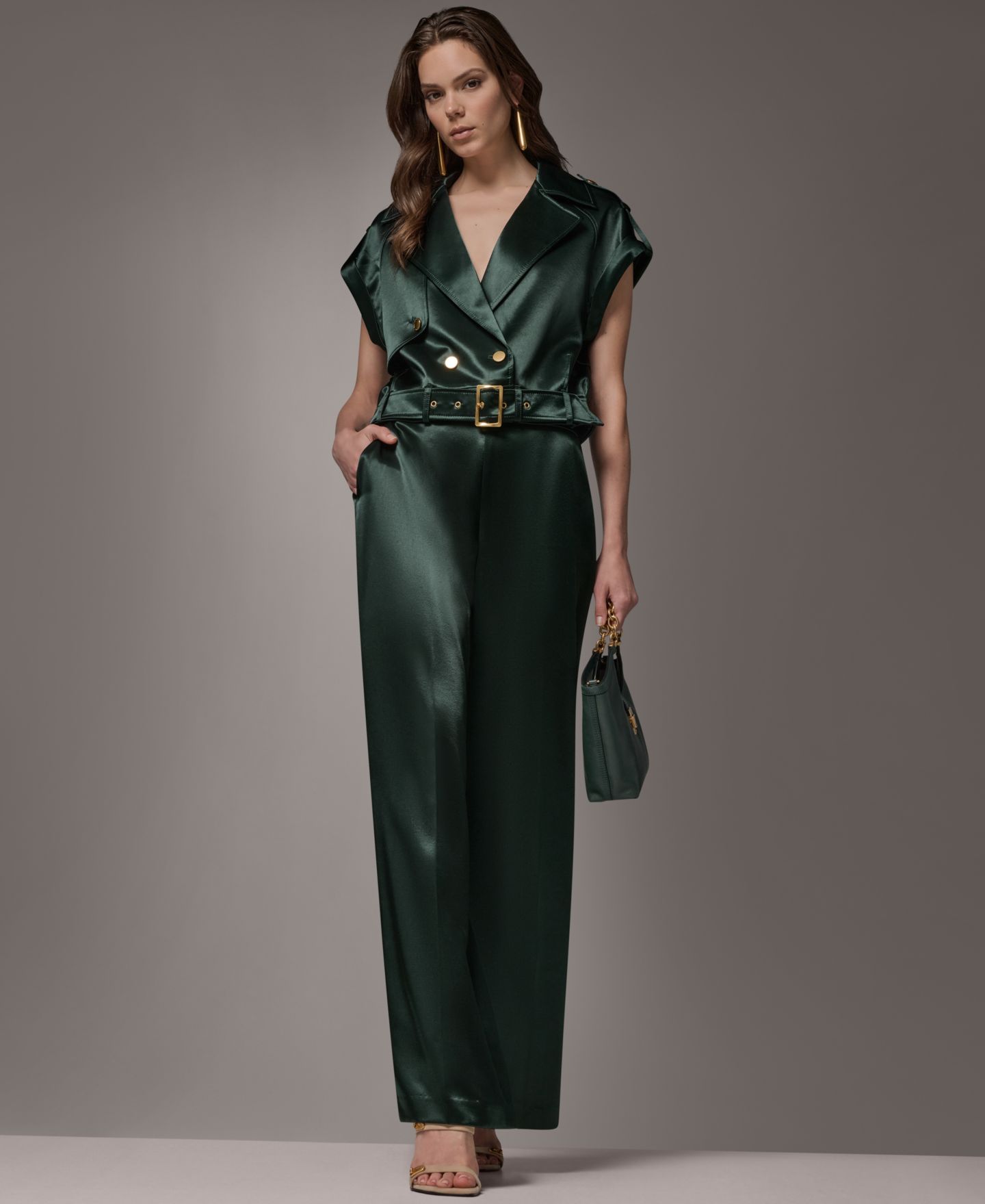 Женский жилет Donna Karan New York Luxe Drape Satin Belted Vest, цвет: Чёрный тёмно-зелёный — фото 11