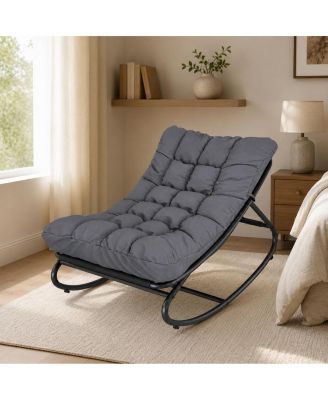 Outdoor Rocking Chair with Padded Cushion – Foldable Patio Rocker, Portable Lawn Chair with Iron Frame for Porch and Garden, Dark Gray
