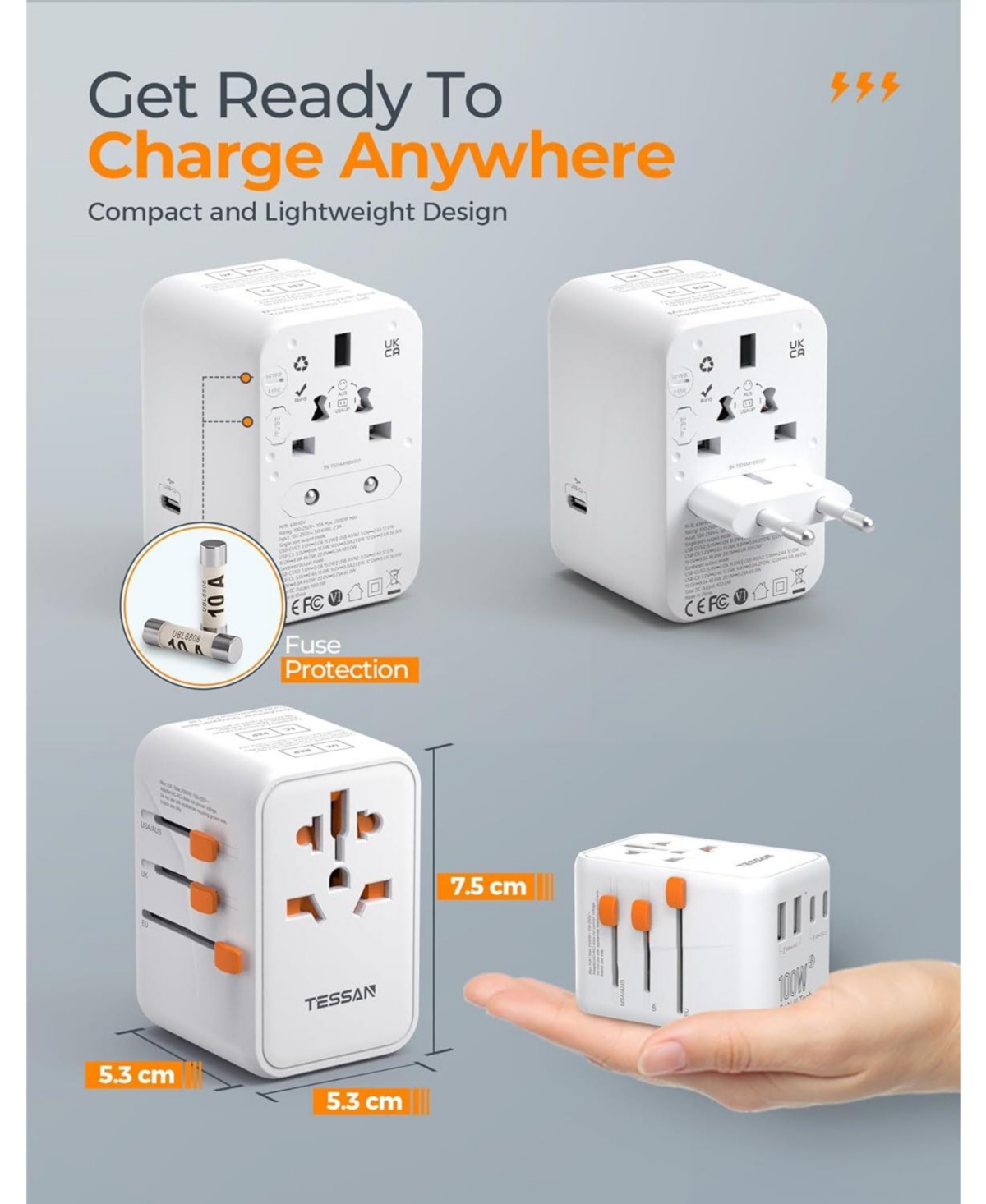 Tessan Universal Travel Adapter 100W GaN, International Power Adapter with 5 Usb(3 Usb C) Charging Ports,Worldwide Outlet for Us to European Europe Uk