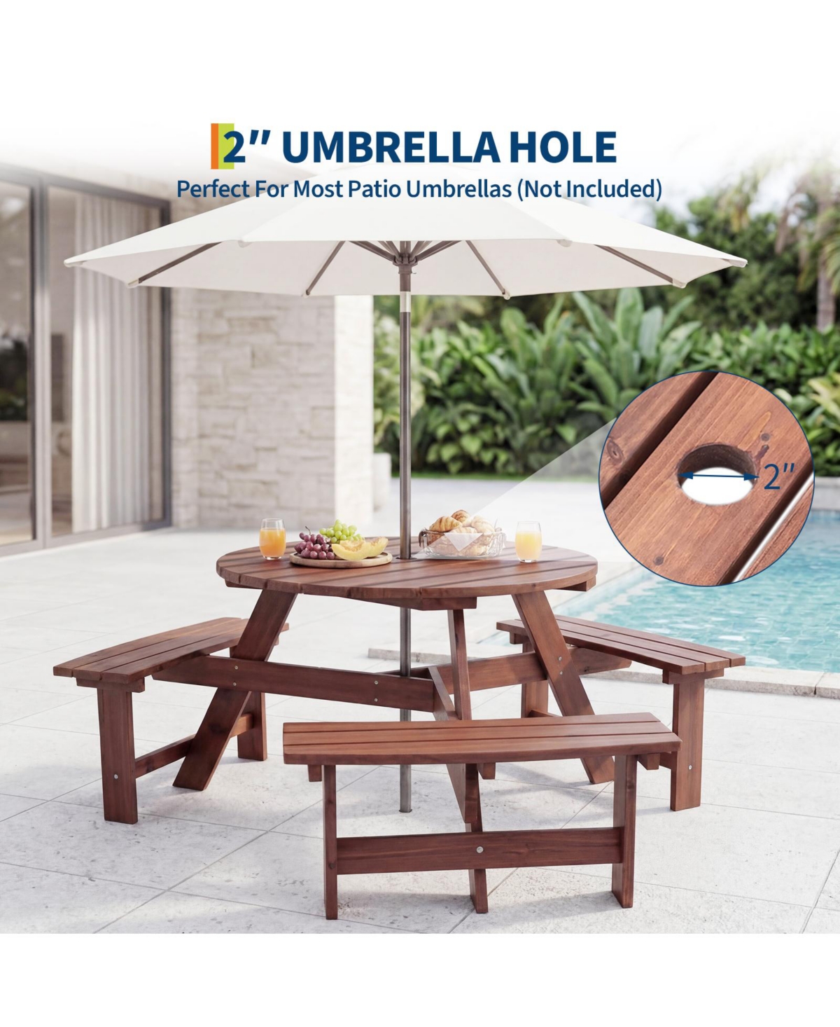homfan 6 Person Wooden Outdoor Picnic Table with 3 Built-in Benches, Circular Dining and Chairs Set Umbrella Hole for Garden