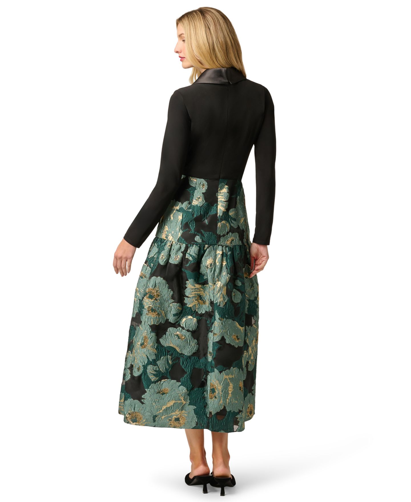 Женское платье Adrianna Papell Floral Jacquard V-Neck, цвет: Чёрный / Изумрудный — фото 5