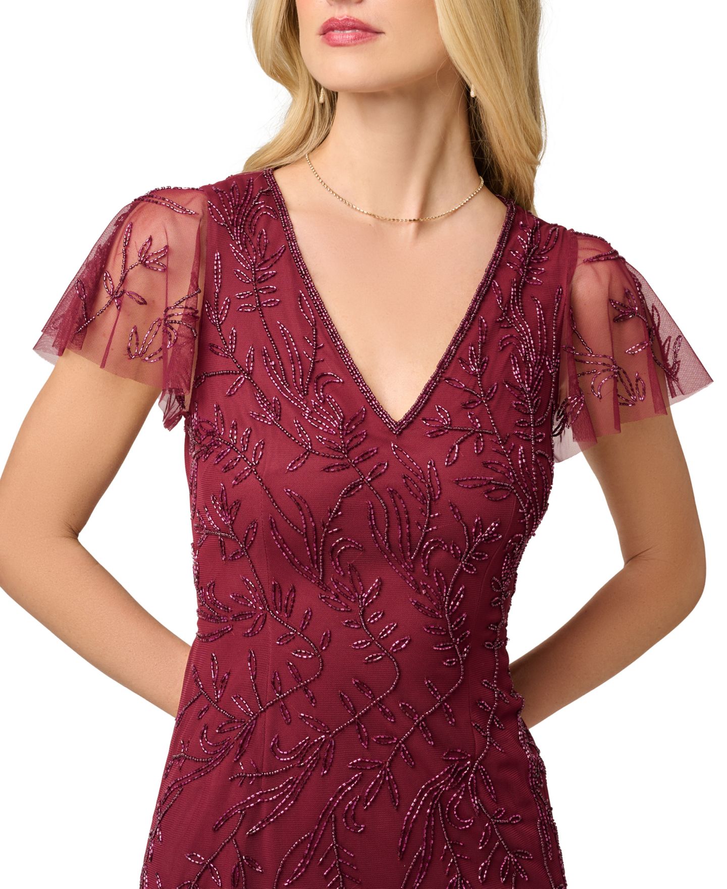 Женское платье Adrianna Papell V-Neck Bead Mesh, цвет: Красное дерево — фото 3