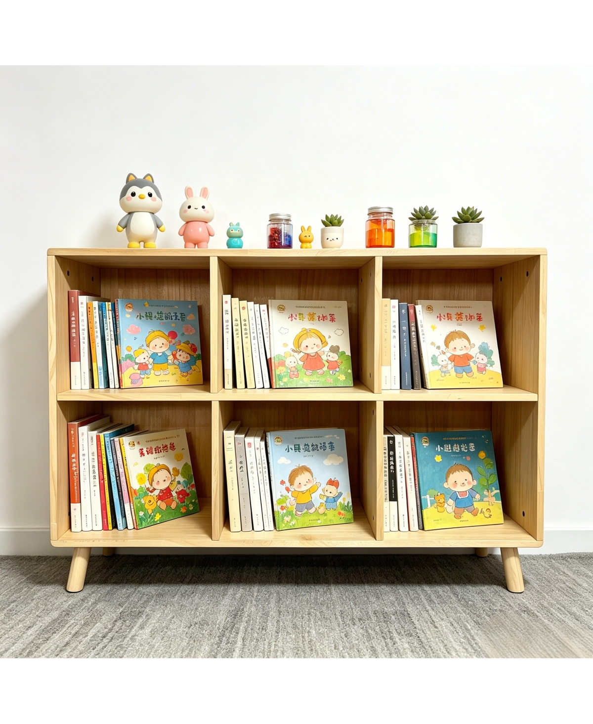 Streamdale Furniture 6-Cube Wooden Storage Shelf with Legs, Natural Solid Wood Cubby Organizer