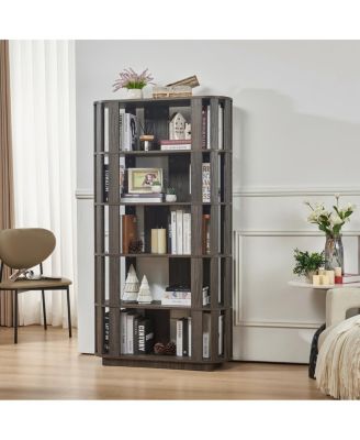 5-Tier Wooden Oval Open Bookshelf with MDF Grid Frame