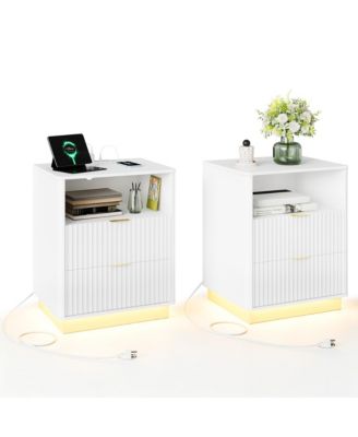 Fluted Nightstand Set of 2, Wooden Night Stand with Charging Station and LED Light, Modern Mid Century Bedside End Table with 2 Drawers