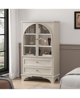 Glass Door Display Cabinet with 2 Drawers and Adjustable Shelf