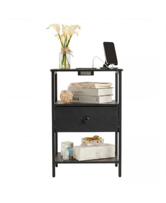 Nightstand with Charging Station, 3-Tier Open Storage Side Table with Fabric Drawer, Sturdy Metal Frame End Table