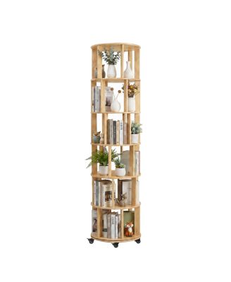 6-Tier Rotating Solid Wood Bookshelf Tower with Wheels