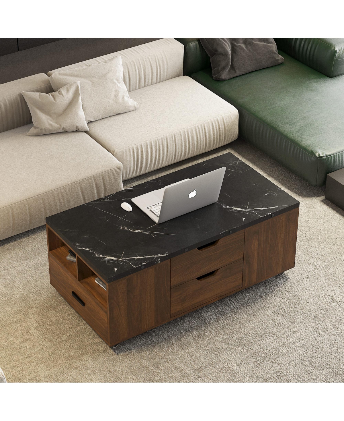 Boyel Living Modern Lift-Up Coffee Table with 2 Stools Set for Living Room Expandable Hidden Storage and Drawers
