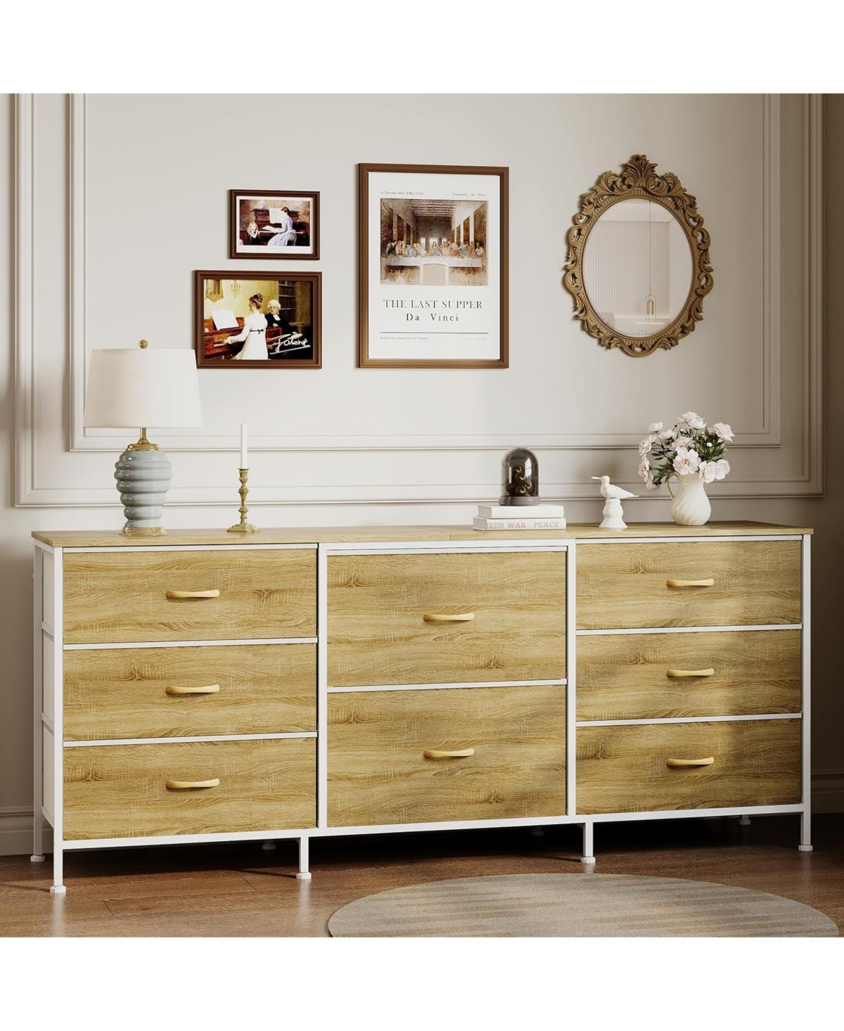 gaomon 8 Drawer Fabric Dresser Tv Stand with Wooden Top, Metal Frame Storage Chest, Wide Closet Organizer for Bedroom, Living Room, Hallway