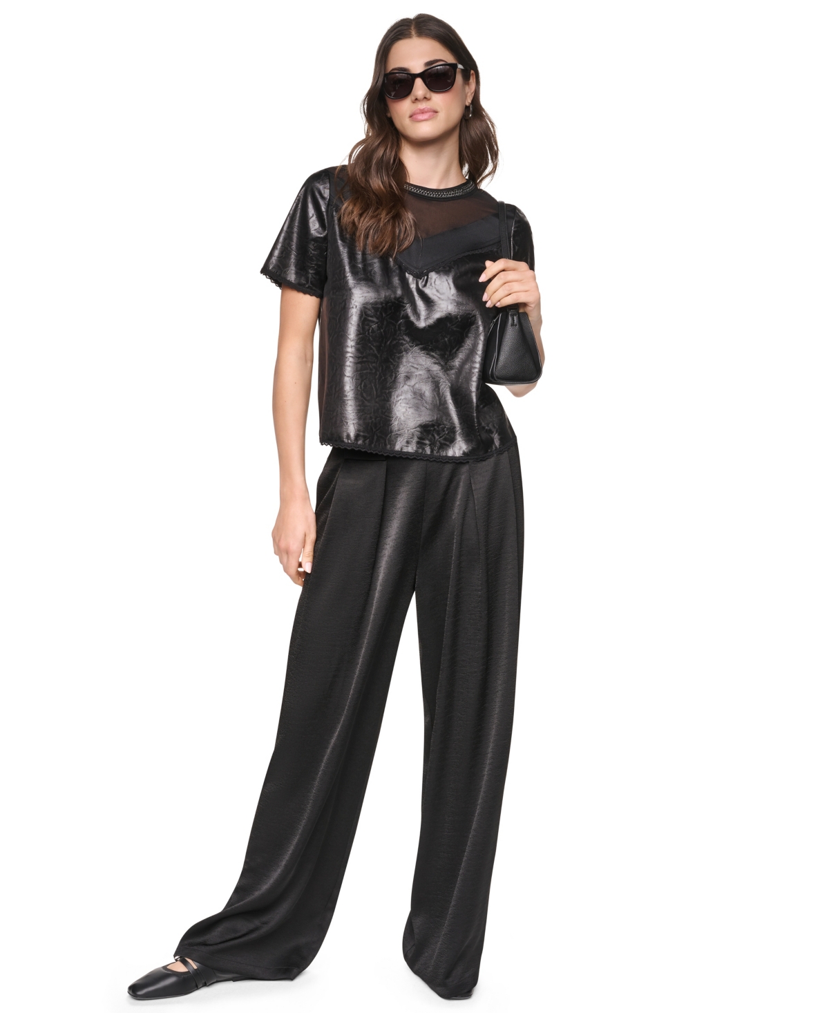 Dkny Women's Chain Neck Short-Sleeve Mixed Media Top
