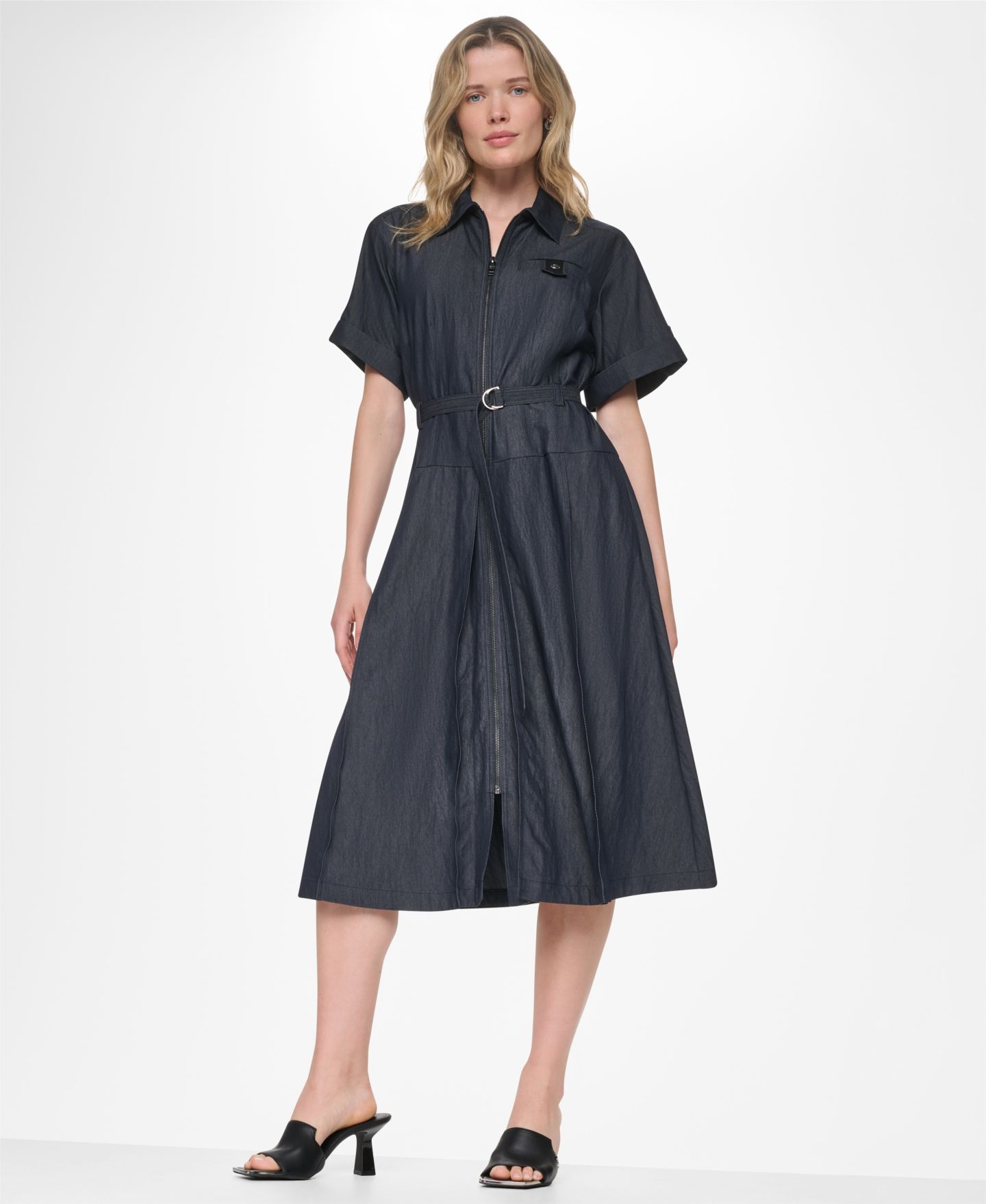 Женское платье DKNY Collared Short-Sleeve Removable Belt Midi, цвет: Тёмный индиго варёный — фото 8