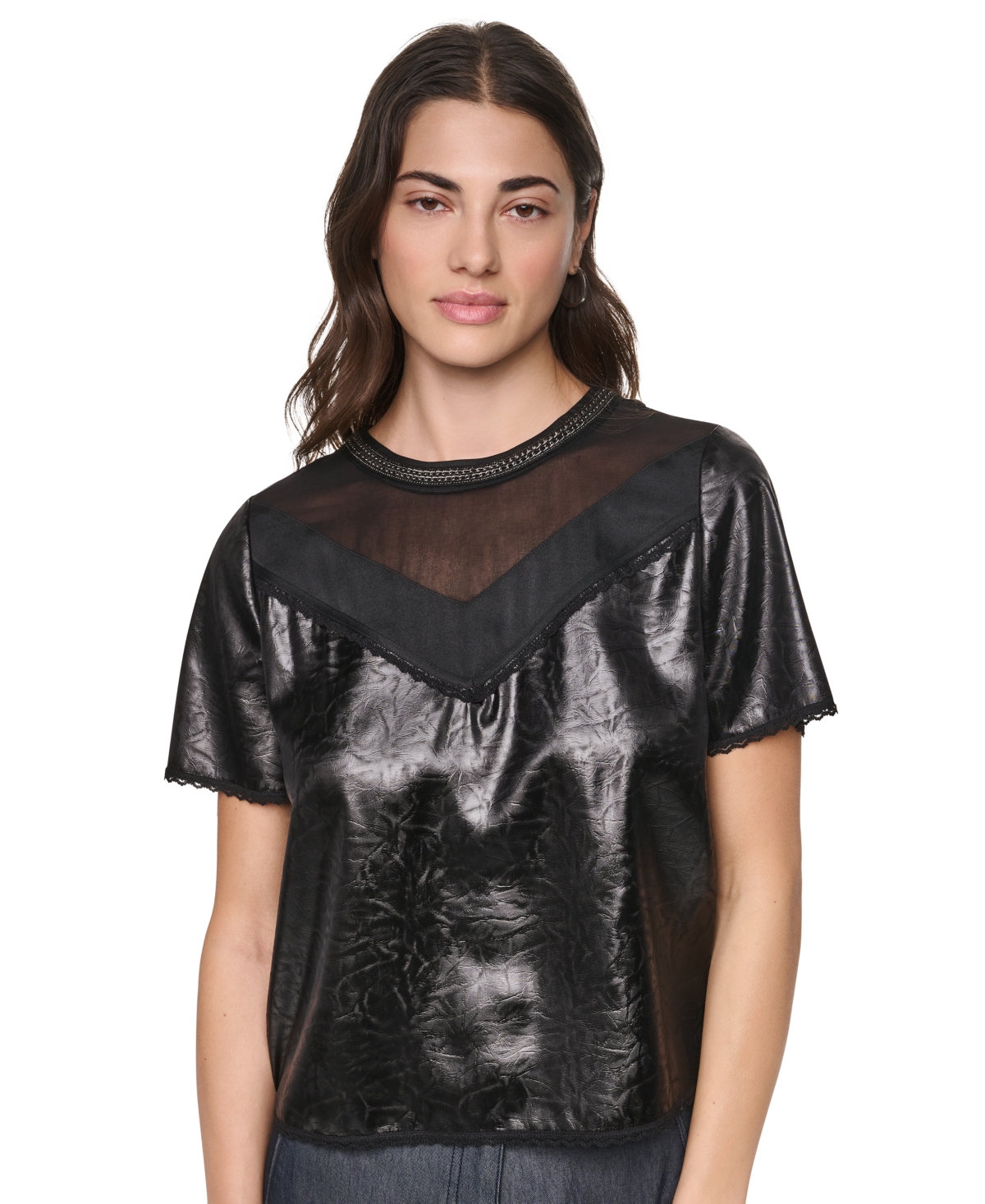 Dkny Women's Chain Neck Short-Sleeve Mixed Media Top