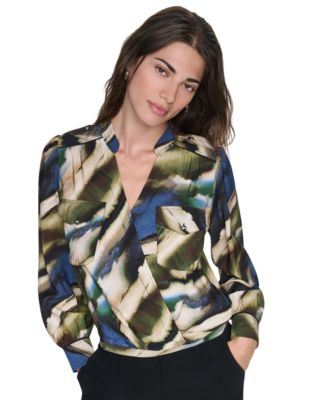 Women's Printed Surplice V-Neck Long-Sleeve Voile Blouse