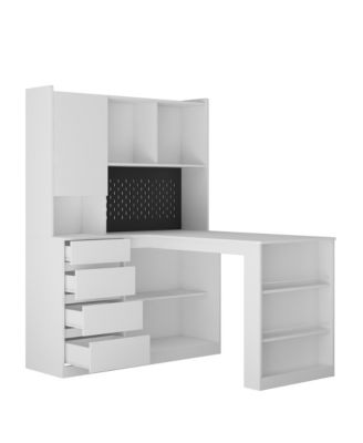 L Shaped Desk with Charger Computer Desk with Drawers Bookshelf  with LED Light Modern Corner Desk Home Office Desk