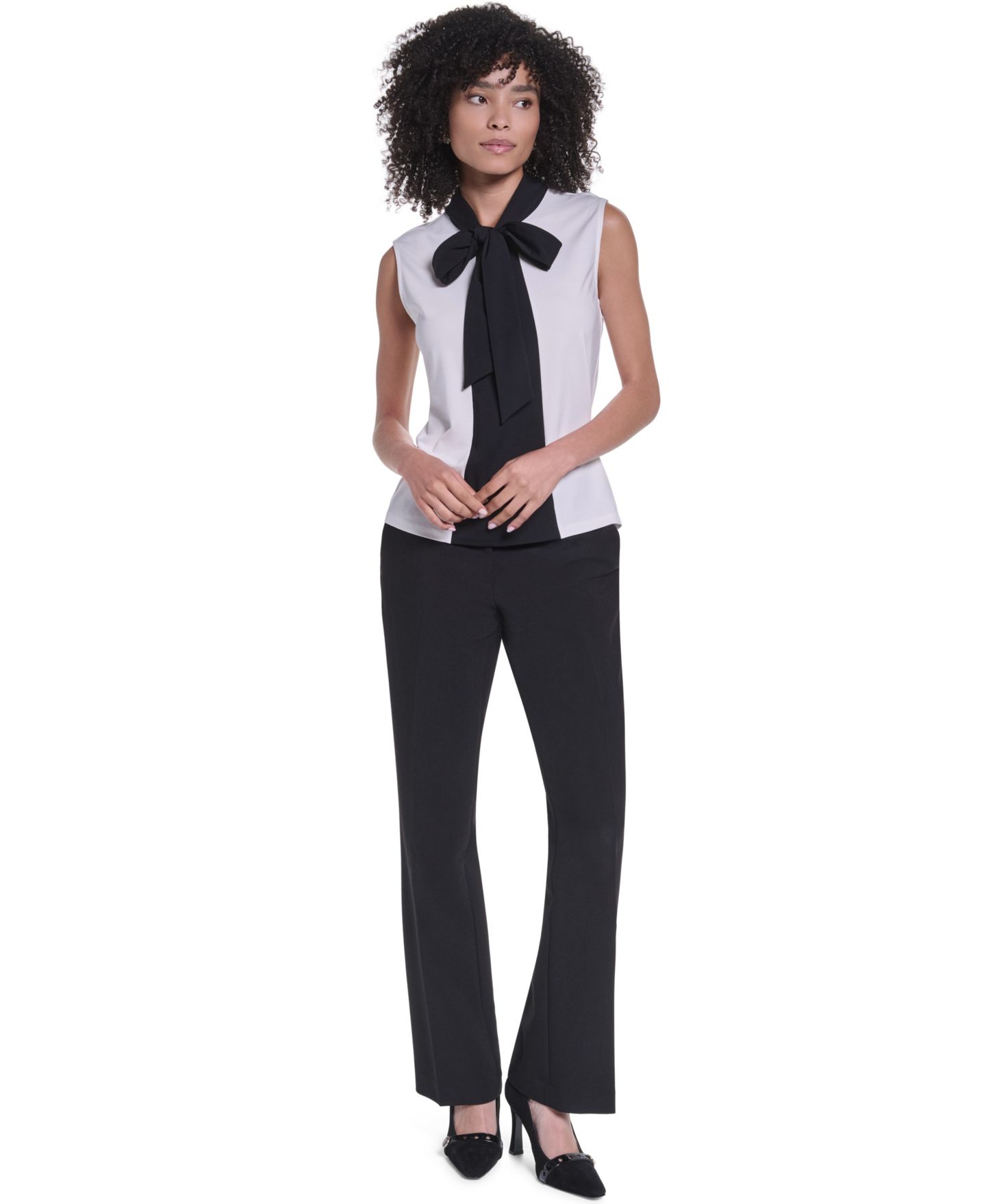 Женская блузка KARL LAGERFELD PARIS Mock Neck Keyhole Blouse, цвет: Мягкий белый / Чёрный — фото 6